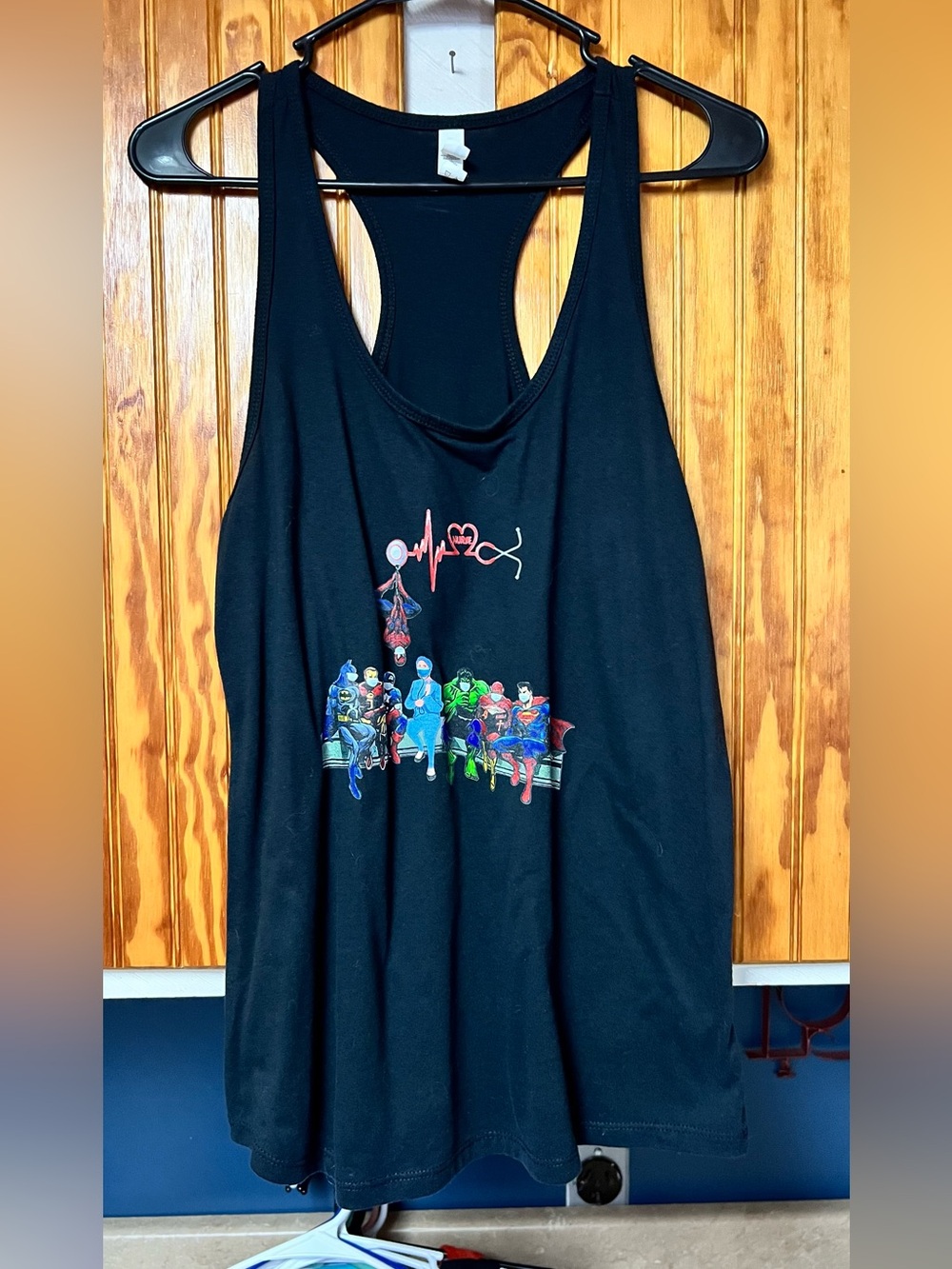 Black Graphic Racerback Tank Top with Superhero Illustration size XL